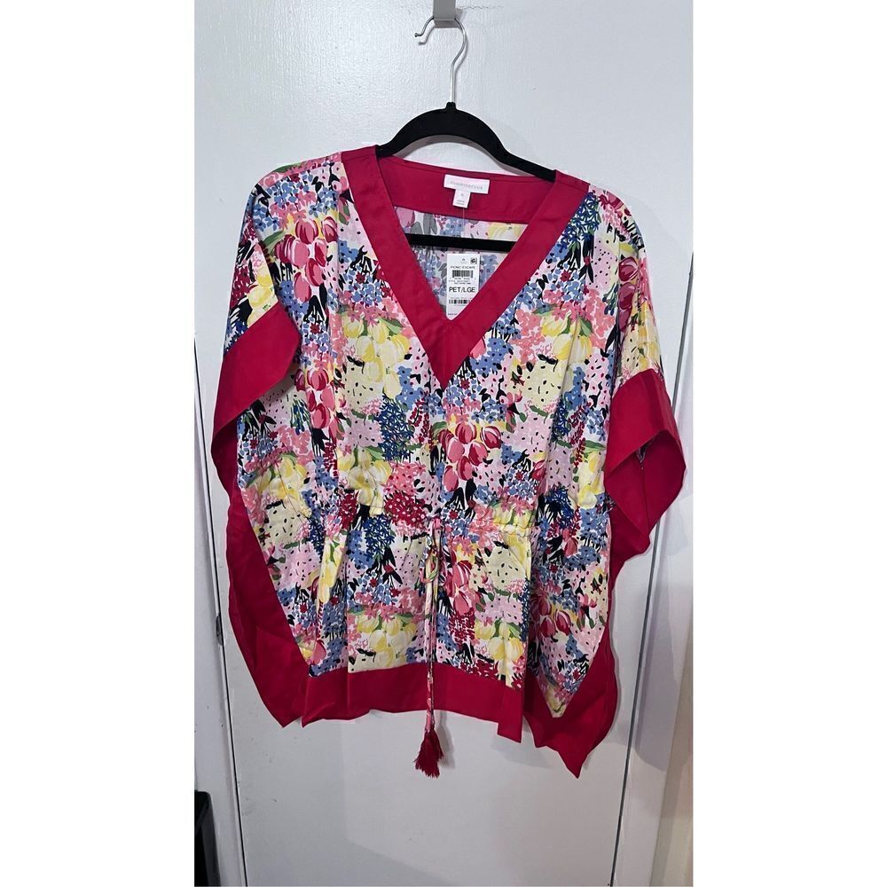 Charter Club Women's Printed V Neck Poncho Top Red Petite Size Large NWT P1-40
